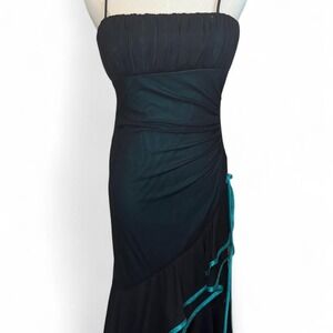 Y2K City Triangle black satin slip dress teal trim asymmetrical ruffle